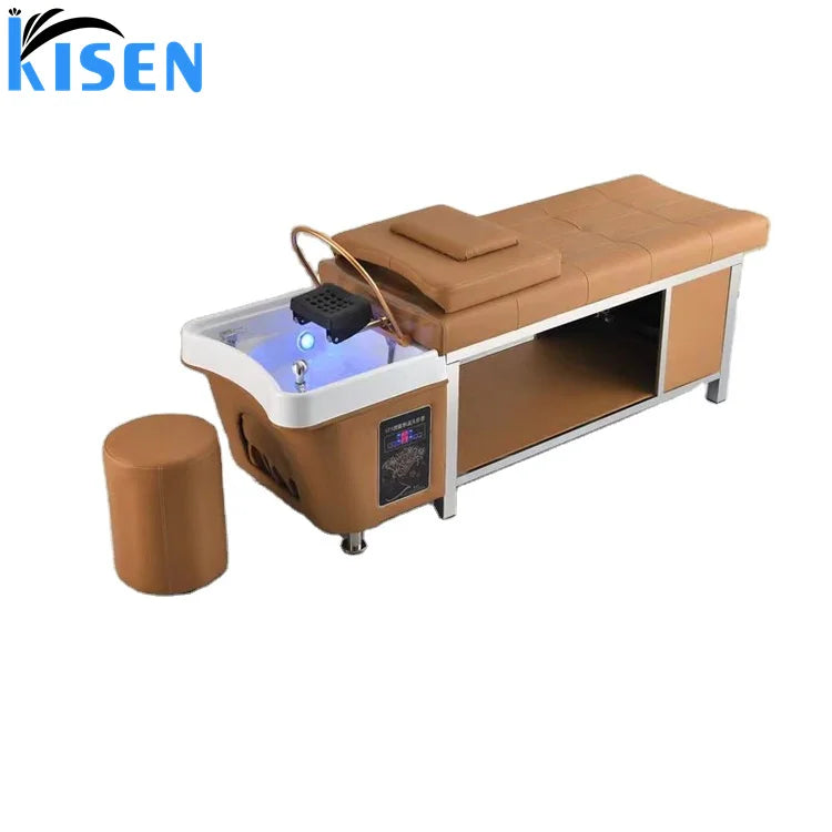 Kisen Ultra Luxury Popular Salon Furniture Multifunctional Barbershop Set Shampoo Chair with Ceramic Sink Washbasin Head Therapy