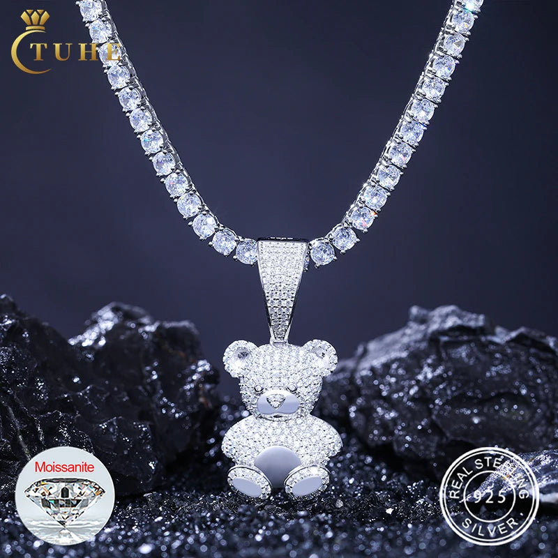 Wholesale Hip Hop Jewelry 925 Sterling Silver Pass Diamond Tester VVS Moissanite Iced Out Cute Teddy Bear Pendant Necklace