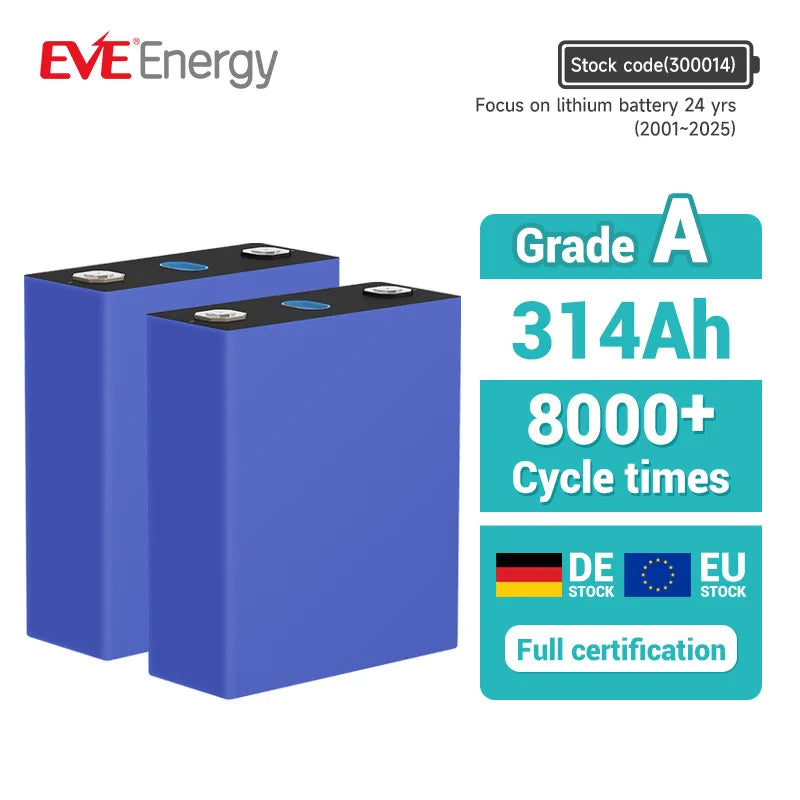 EVE EU STOCK 314ah Lifepo4 Cell MB31 3.2V 8000cycles CE Rechargeable Lifepo4 Battery Cell