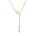 N&S Fashion Classic Ins Style Lady Necklace Imitation Pearl Stainless Steel Geometric Y-Shaped Gold for Gift