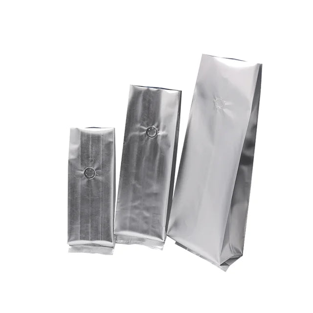 Glossy Silver Aluminum Foil Laminated Heat Seal Back Sealing Side Gusset Food Packaging Pouch for Vacuum Tea Coffee Bean Bags