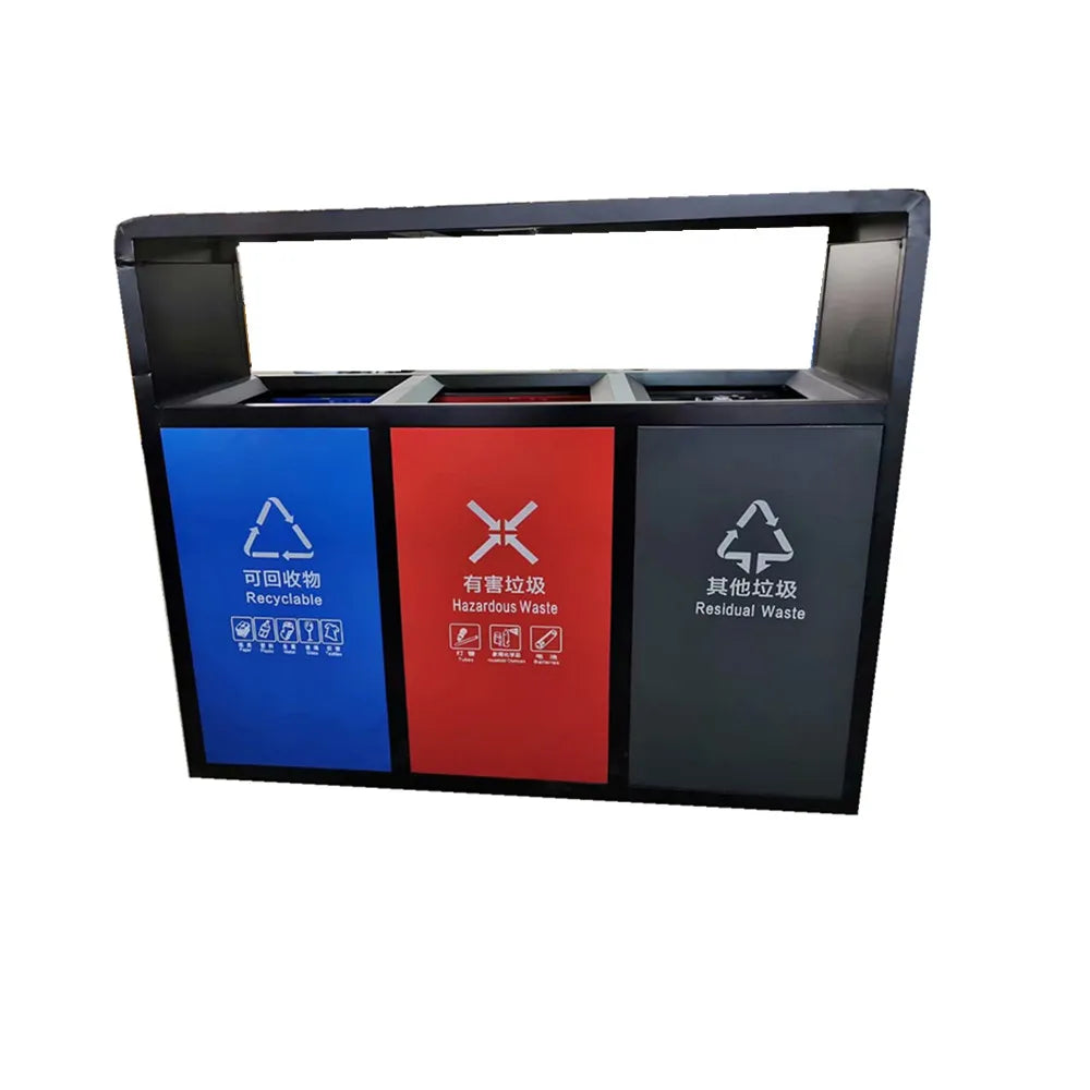 Outdoor Office Commercial Metal Waste Garbage Recycle Trash Can Bin Black Trash Can