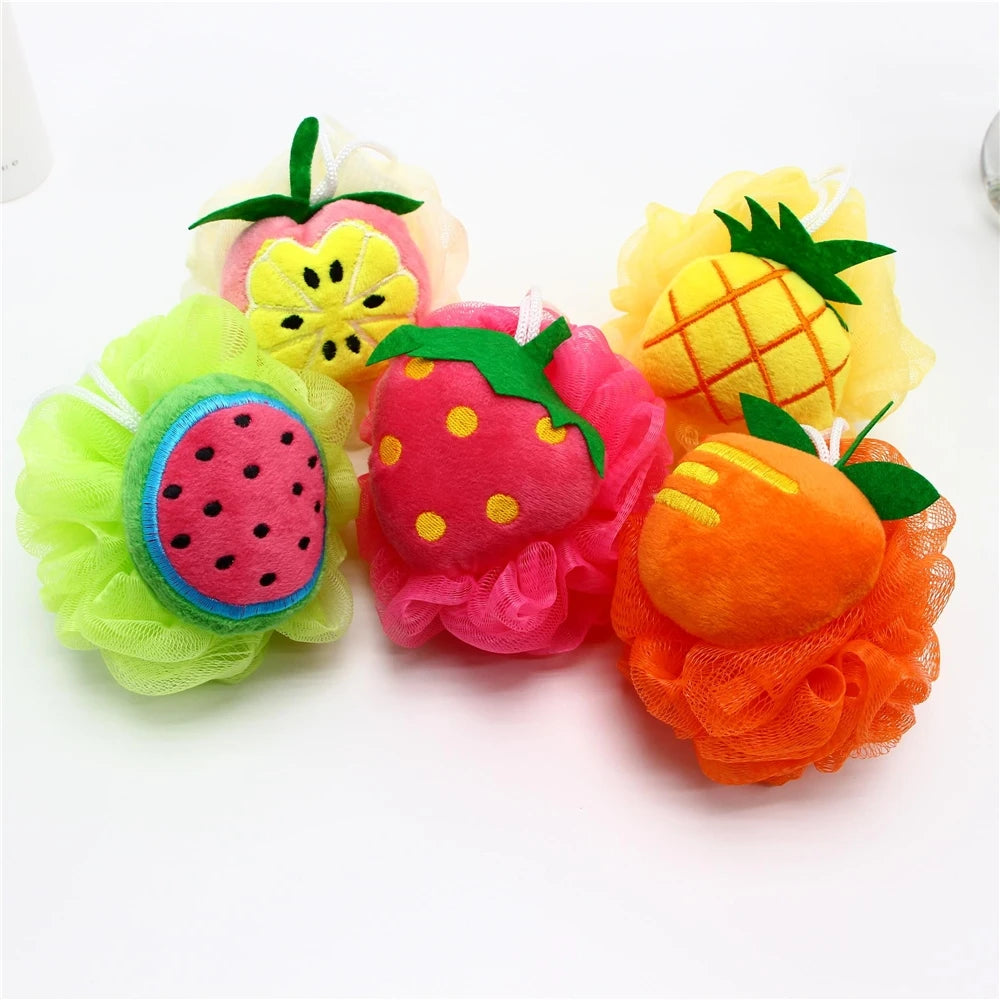Low MOQ Cute Fruit Shape Bath Sponge Pouf Body Exfoliating Natural Bath Body Shower Mesh Loofah Sponge