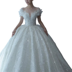 2023 Shiny Princess Wedding Dresses With Pearl Crystal Bling Lace Short Sleeve Plus Size Elegant Garden Country Wedding Gowns