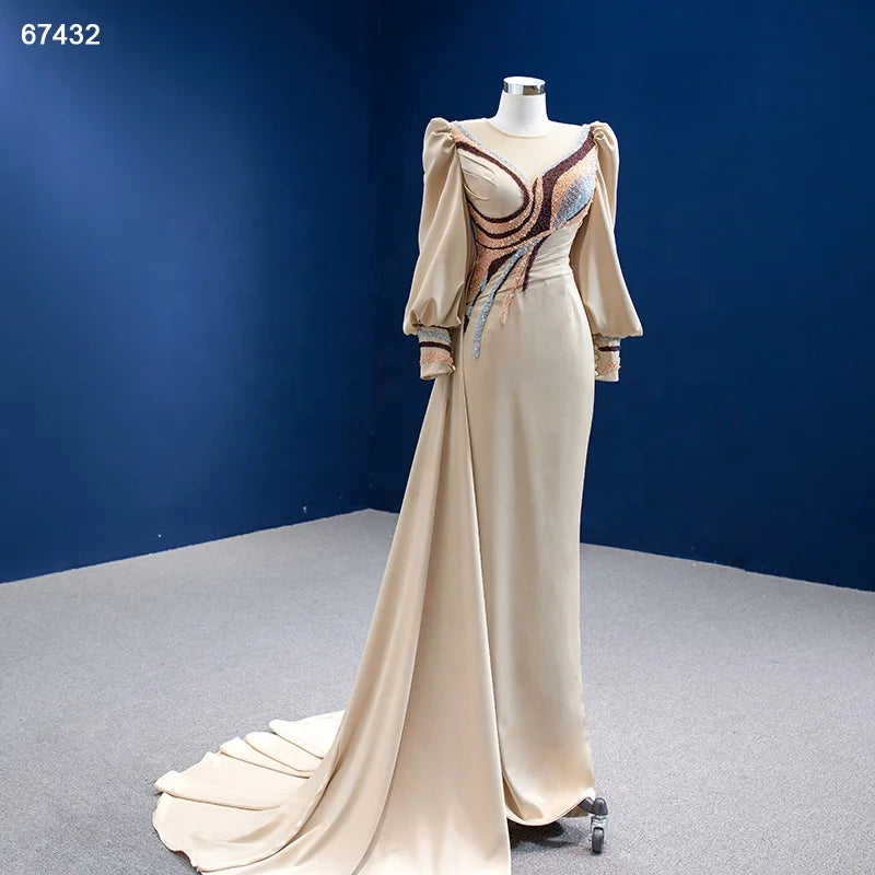 Jancember RSM67432 Gorgeous Champagne Soft Satin Long Sleeve Modest Evening Mermaid Dress With Tail