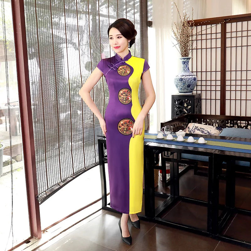 Mother Women's Daily Wholesale Chinese Style Satin Cheongsam Long Slim-fit Performance Dress Large Size