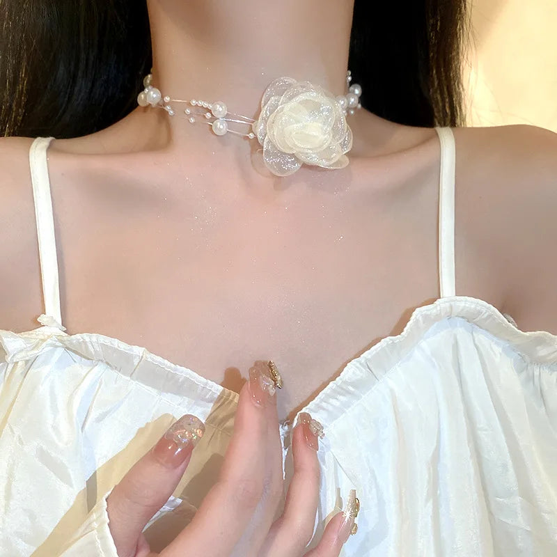 Sweet and Fresh Three-layer Pearl Mesh Flower Necklace 2024 Temperament Women's Jewelry Necklace