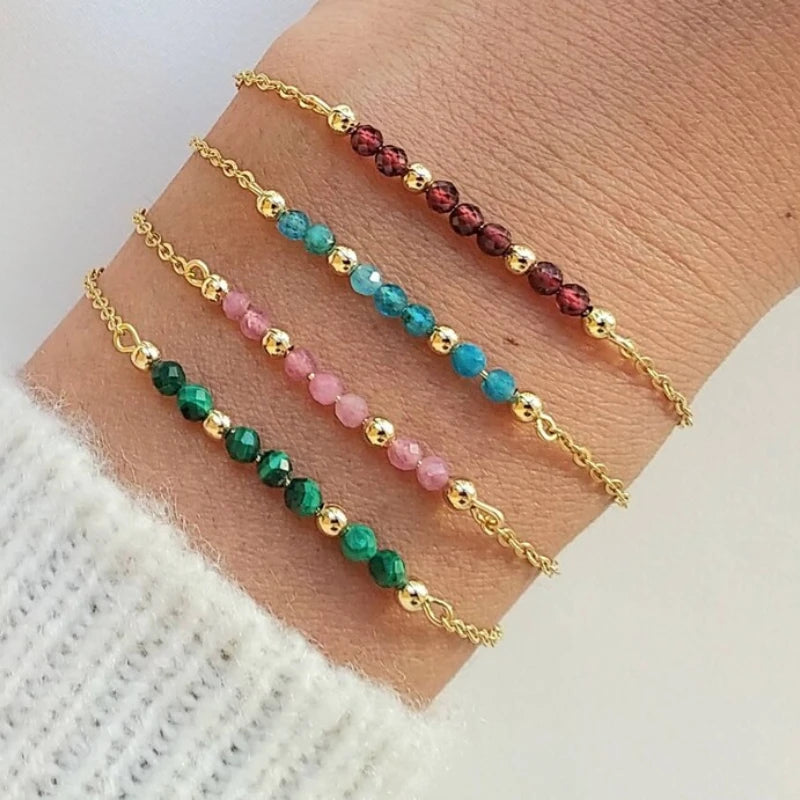 Dainty 3mm Natural Faceted Stone Bracelet 18K Gold Tourmaline Crystal Birthstone Beaded Bracelet for Women