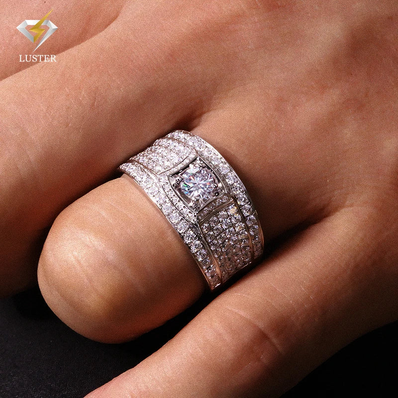 LusterFactory VVS D Iced Out Jewelry Pass Diamond Tester Ready to Ship Mens 925 Silver Hip Hop Moissanite Ring