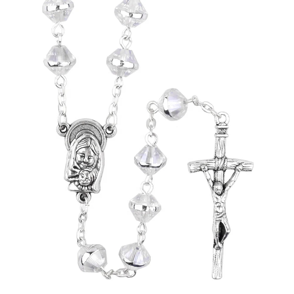 Crystal 7x9mm Beads Blue Purple Clear Golden Plating Catholic Rosary Cross Necklace