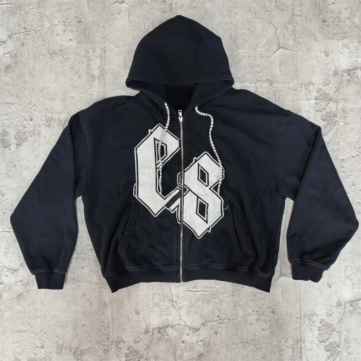 US Free Tax Y2K Streetwear Hoodie Cropped Distressed Embroidery Heavyweight 500gms Acid Wash Applique Patch Hoodie for Men