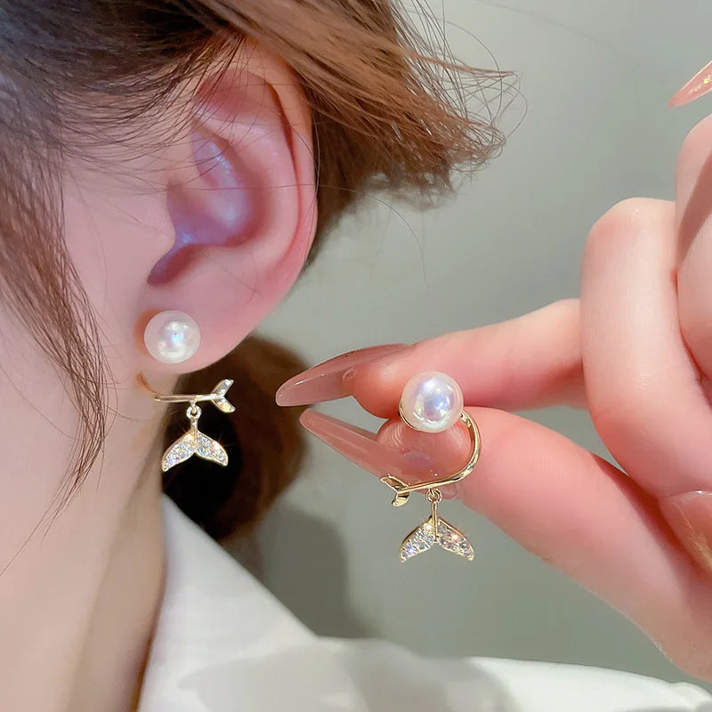 925 Silver Needle Zircon Fishtail Pearl Stud Earring Women Rhinestone Ear Jewelry Exquisite Full Diamond Zircon Stud Earring