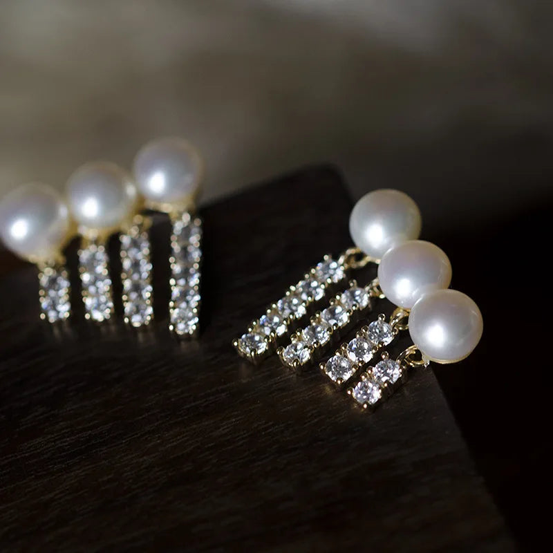 Aimgal Fashion Jewelry 18K Gold 4A Zircon Freshwater Pearl Earrings Short Tassel Geometric Brass Parties Weddings Engagements