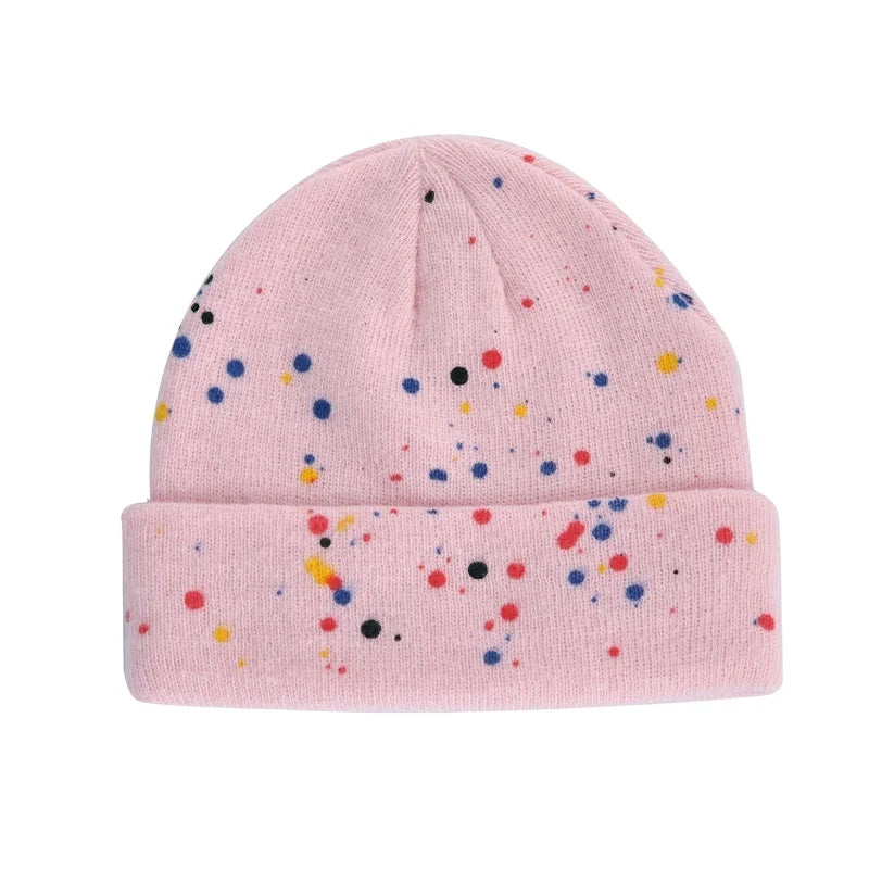 Popular Hot Sale Wholesale Unisex Low MOQ Unisex Colorful Warm Knit Winter Hat With Dots Graffiti Paint Splatter Clothing Beanie