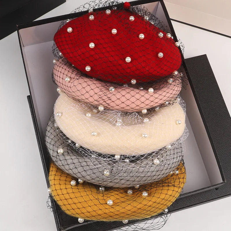 Wholesale England Octagonal Elegant Vintage Lady Winter French Miliary Artist Painter Lace Pearl Wool Beret Cap Girls Hat