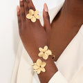 Jachon Metal Alloy Gold Color Flower Open Adjustable Bracelet Ring Set for Women Party Jewelry  Fashion Bracelets Bangles