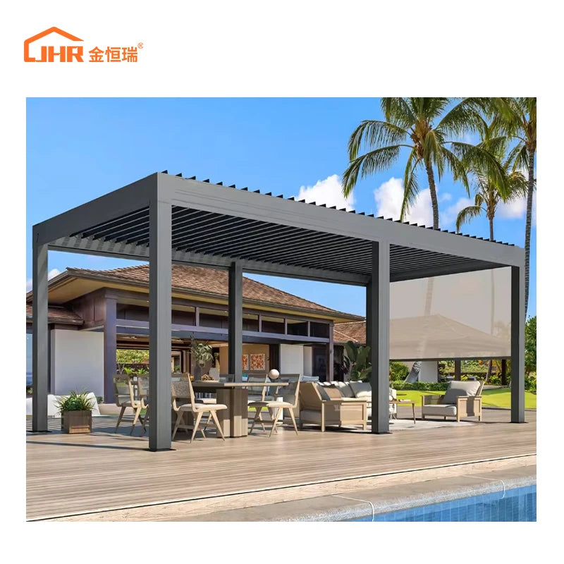 JHR Ultraviolet Protection Pergola Outdoor Automatic Drainage System Aluminum Motorized Pergola With Louvered Roof