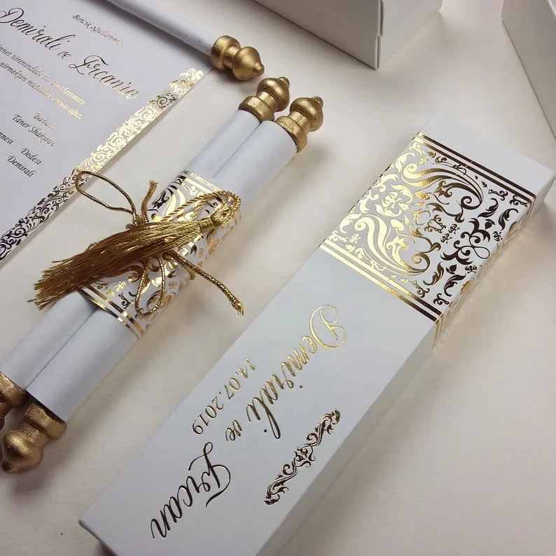 Elegance Scroll Custom Invitations White and Gold Foil Handmade Scroll Invitation Cards With Paper Box