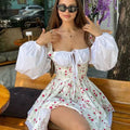 Fasle-Two-Piece 2024 Lace up Printed Bandage Off Shoulder Tube Dress Ladies Casual Puff Long Sleeve Floral Short Dresses Women