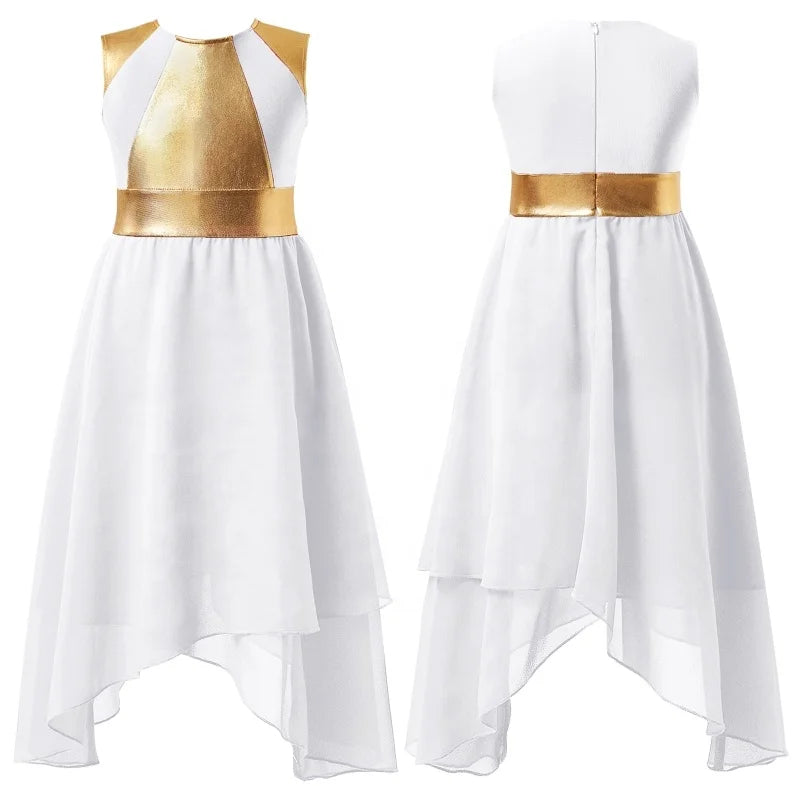 6-16 Years Kids Girls Sleeveless Round Neckline Zipper Closure Back Shiny Bronzing Cloth Patchwork Irregular Hem Dance Dress