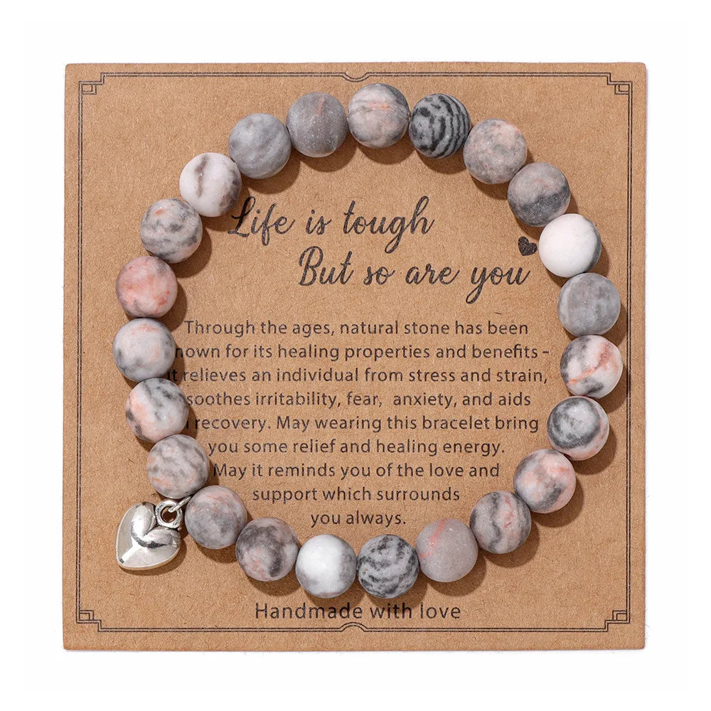 8mm Heart Charm Bracelet Yoga Mala Jewelry Agates Beaded Bracelet Natural Pink Zebra Stone Beads Bracelets