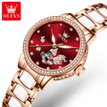 For OLEVS 7001 Luxury Ladies Automatic Mechanical Ceramic Strap Watch Beautiful Design Glass Dial Window Alloy Case Wild for Wom