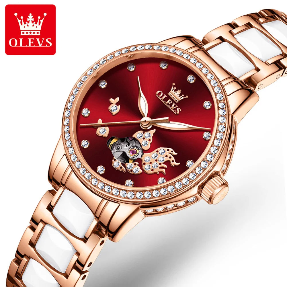 For OLEVS 7001 Luxury Ladies Automatic Mechanical Ceramic Strap Watch Beautiful Design Glass Dial Window Alloy Case Wild for Wom