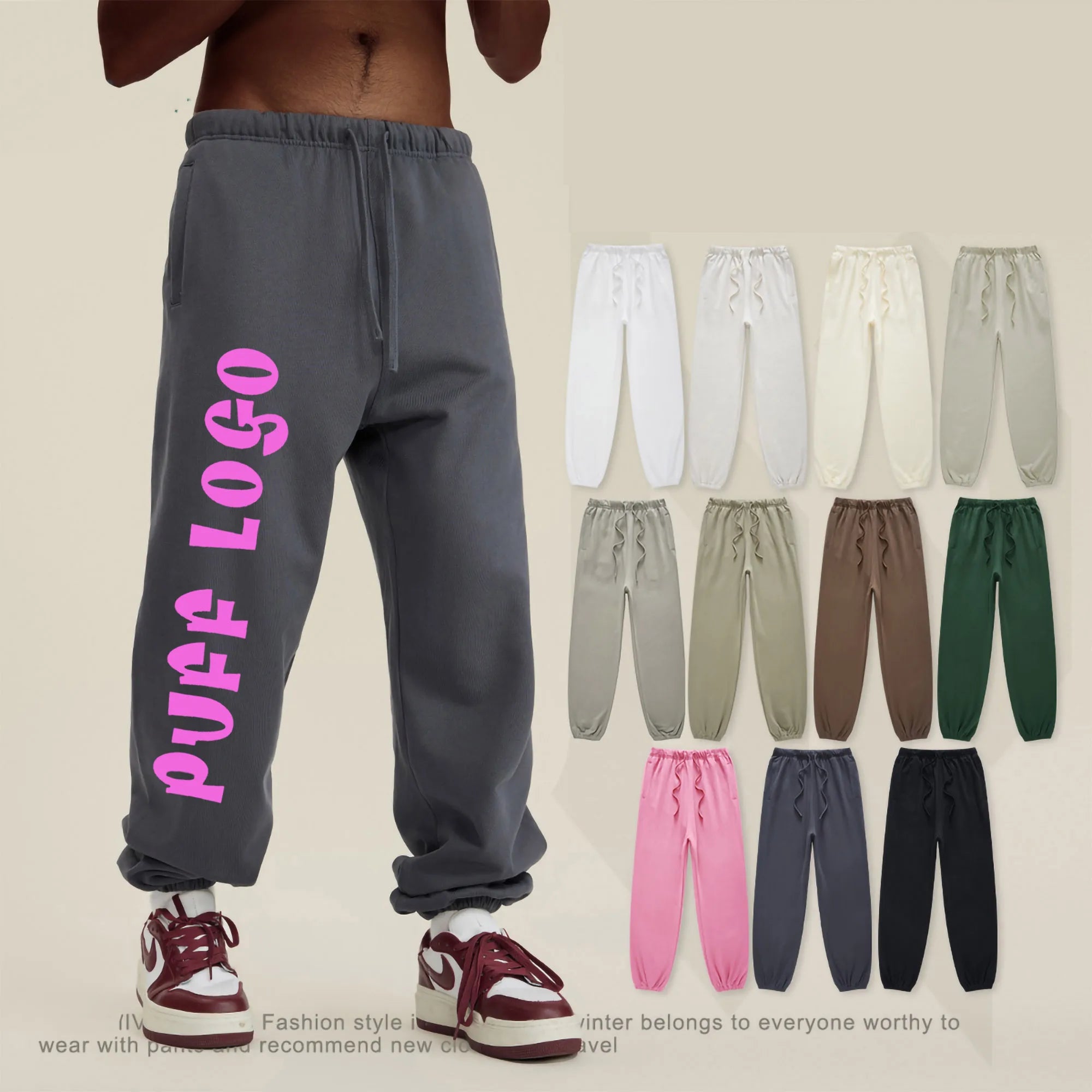 440g Custom Puff Print Embroidered Dirty Terry Cotton Solid Trouser Casual Tapered Sweatpants Cargo Pants Jogging Pants for Men