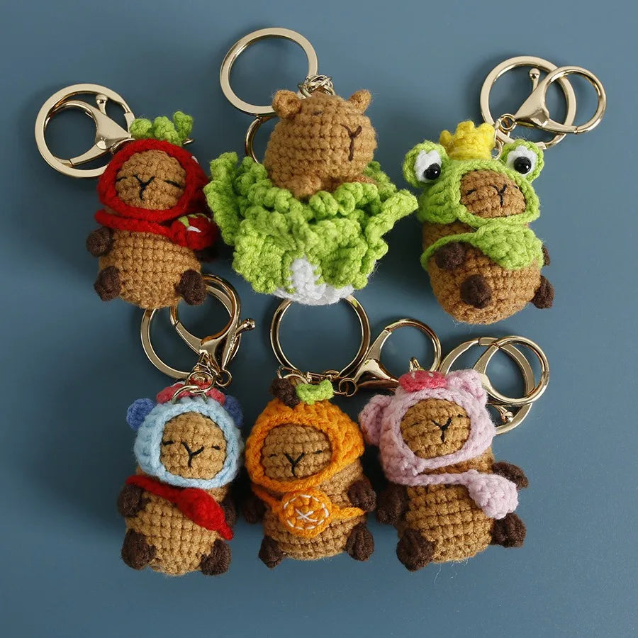Handmade Knitted Amigurumi Crochet Animals Toys Keychain Cute Capybara Wood Pendant for Women Crocheted Capybara Handbag Pendant