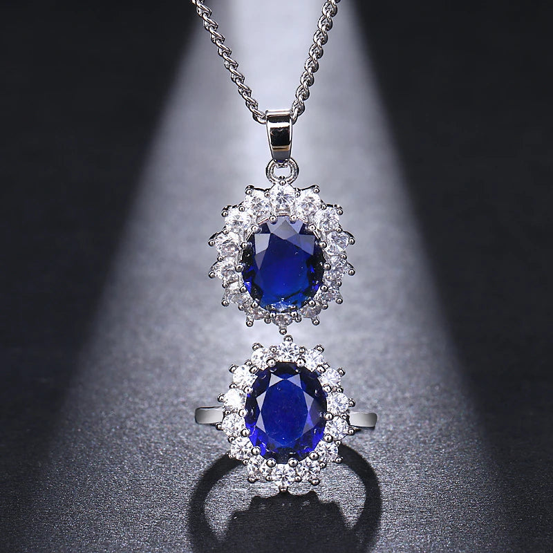 2022 New Arrival Wedding Jewelry Luxury Diamond Ring Necklace Jewelry Elegant Blue Zircon Bridal Jewelry Set for Women Girls