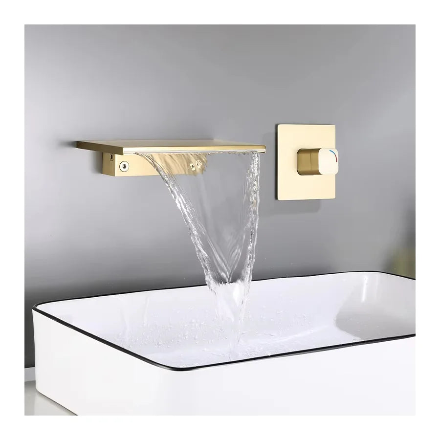 Luxury Brushed Gold Wall Mounted Waterfall Basin Faucet Solid Brass Hot Cold Mixer Water Tap