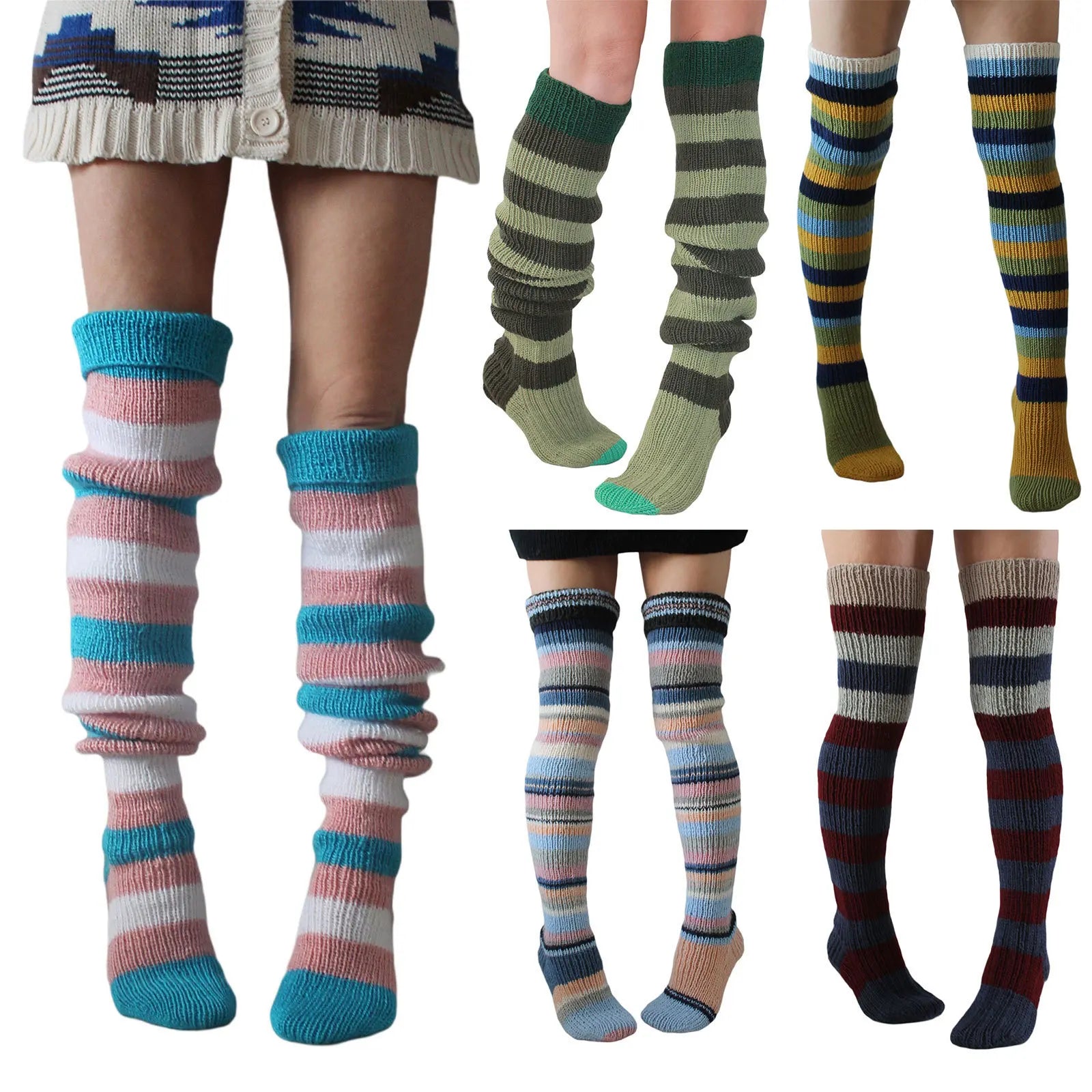 Wholesale Winter Striped Long Knitted Leg Warmer Socks Women Warm Thick Slouch Over the Knee Thigh High Socks
