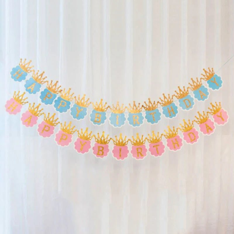3M Long Pink Blue Gold Powder Crown Happy Birthday Banner Paper Party Accessories 21x14cm Birthday Party Decoration Supplies