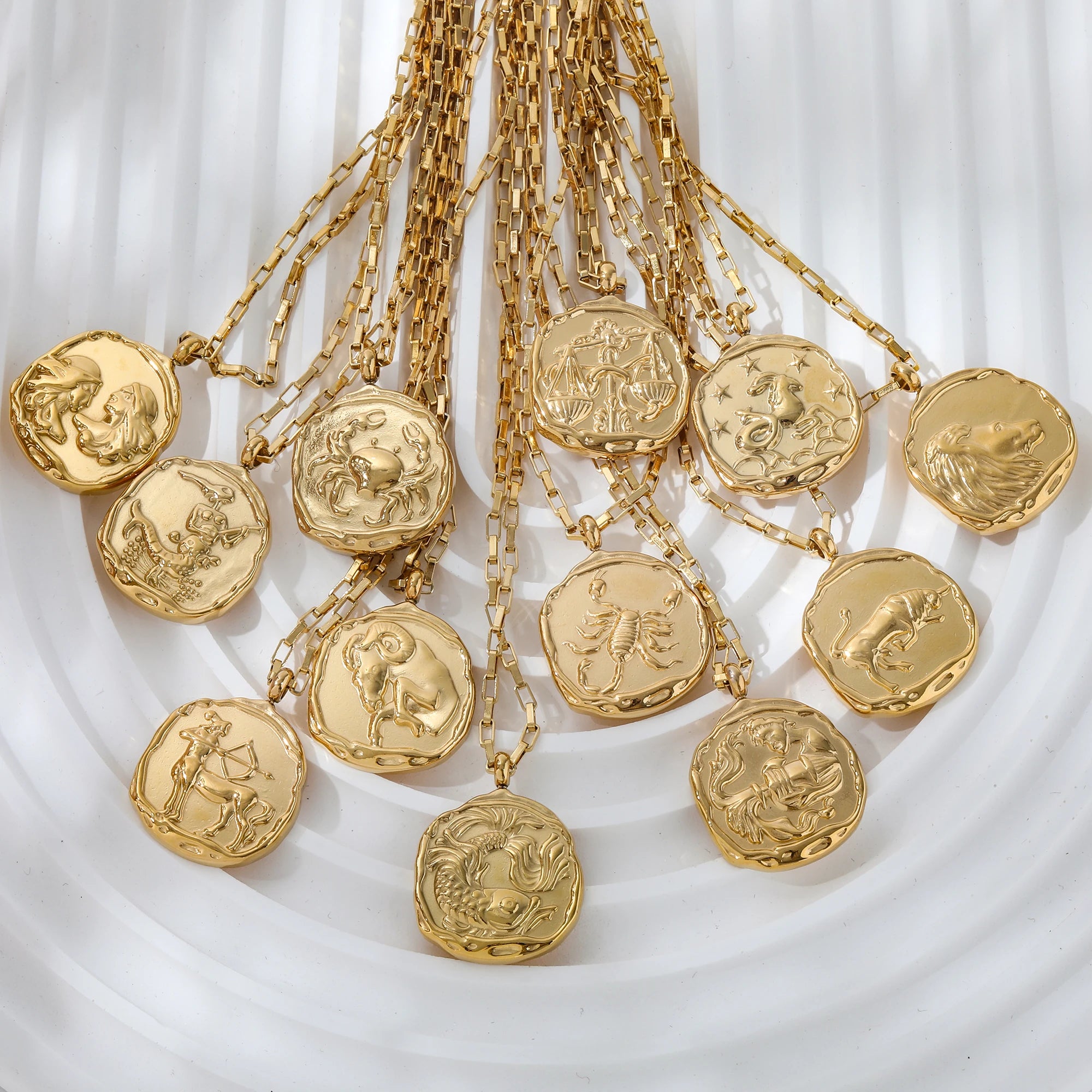 JOOLIM High End 18k PVD Gold Plated Stainless Steel  Cast Round Coin Sign Zodiac  Horoscope Necklace