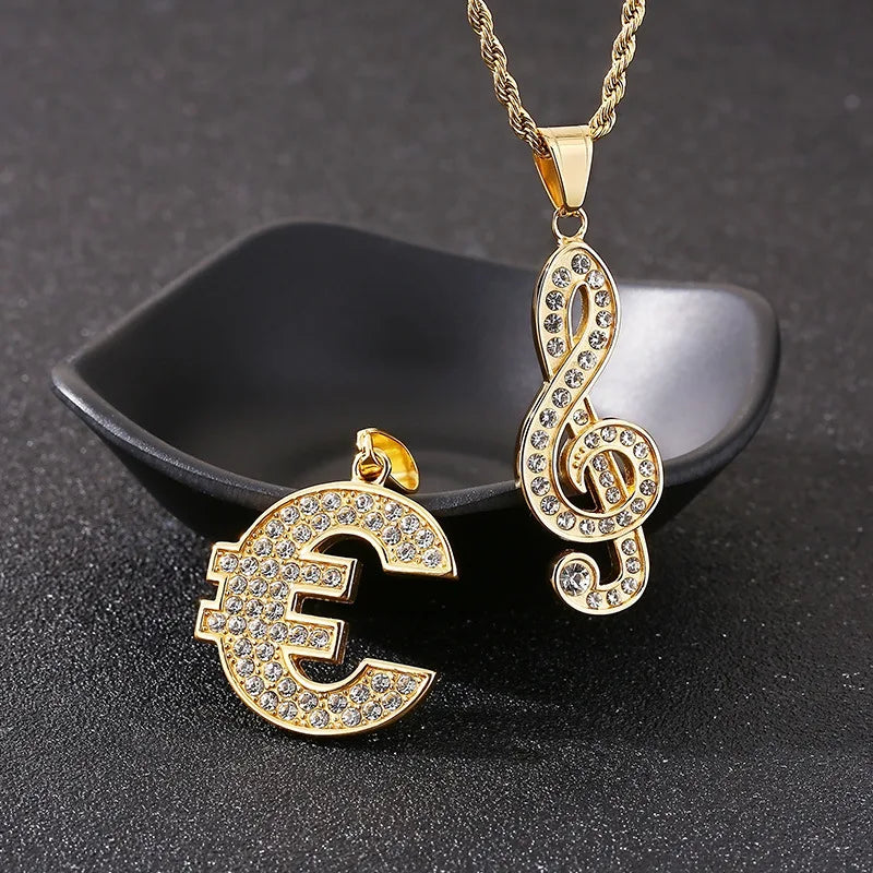 Personality Hip Hop Trendy Jewelry Stainless Steel Dainty Elegant Music Note Letter Euro Sign Pendant Men Women Necklace