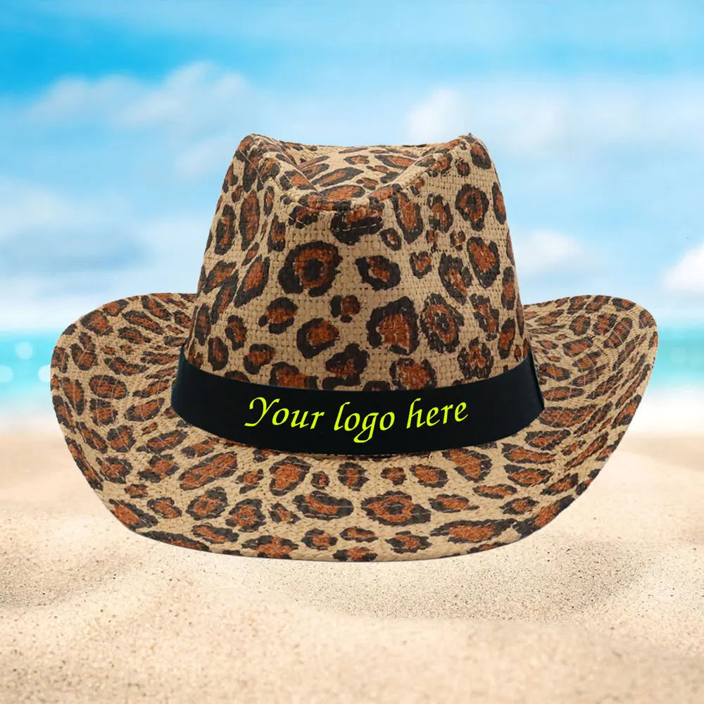 Women Leopard Print Cowboy Paper Hat Western Style Breathable Sun Protection Summer Outdoor Travel Sun Hat