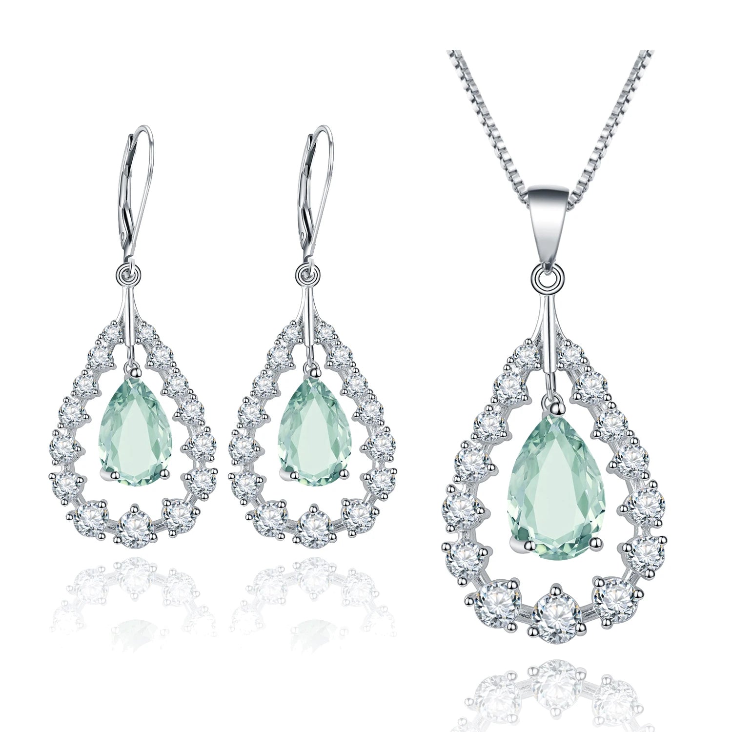 C2183 Abiding Fine Jewelry Factory Cubic Zirconia Pear Green Prasiolite Gemstone Handmade Women 925 Silver Jewelry Set