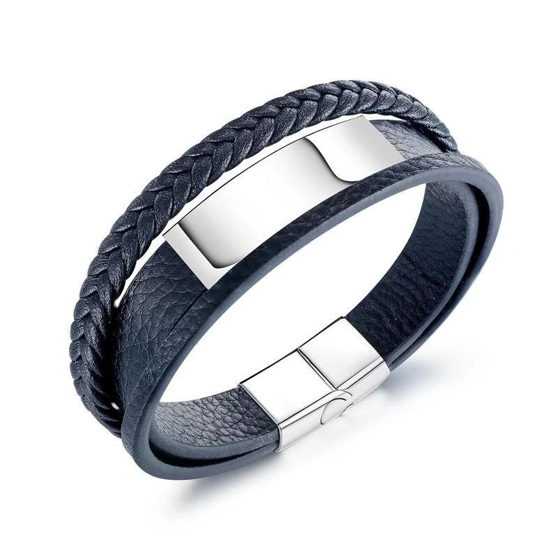 Men's Fashion Charm Bracelet with Multilayer Braided Leather and Chunky Magnetic Button New Design