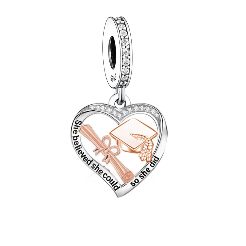 Fit Original Brand Charm Bracelet 925 Sterling Silver Graduation Scroll Hat Bead for Women Student Jewelry