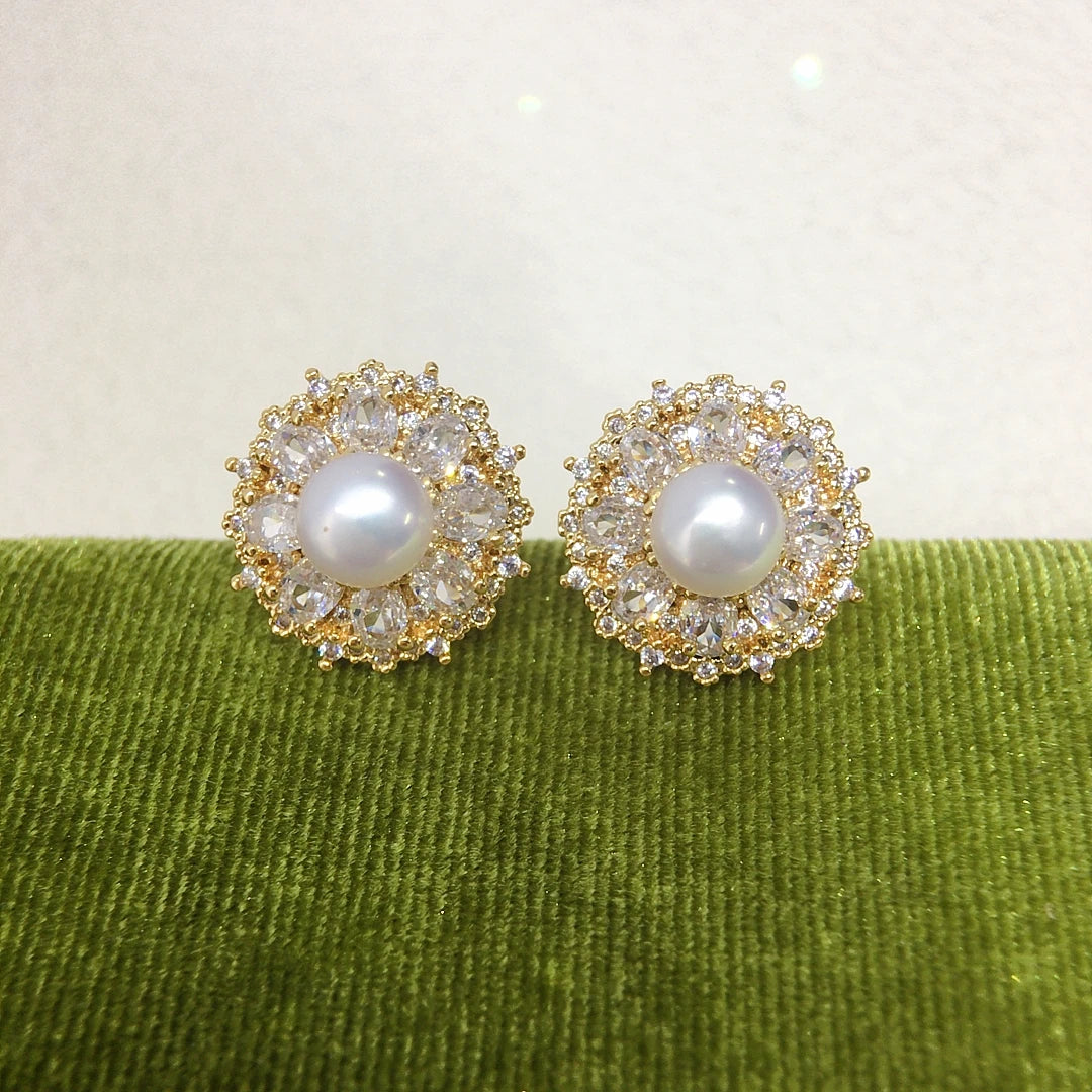 Factory Direct 5A Light Luxury Micro Inlaid Zircon Natural Freshwater Pearl Stud Earrings