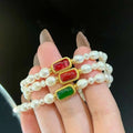 Chinese Style 3-4mm+5-6mm Freshwater Water Drop Pearl Tricolor Jade Bracelet Gold Plated New Joyas De Perlas Design