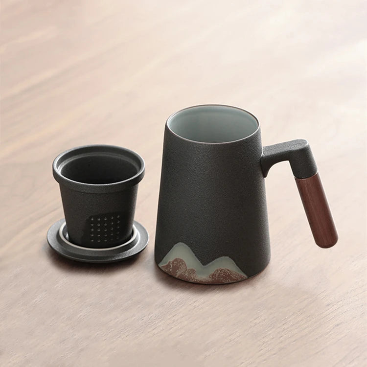 Wholesale Custom Logo 13oz Chinese Matte White Black Ceramic Tea Mug with Infuser Lid Gift Box