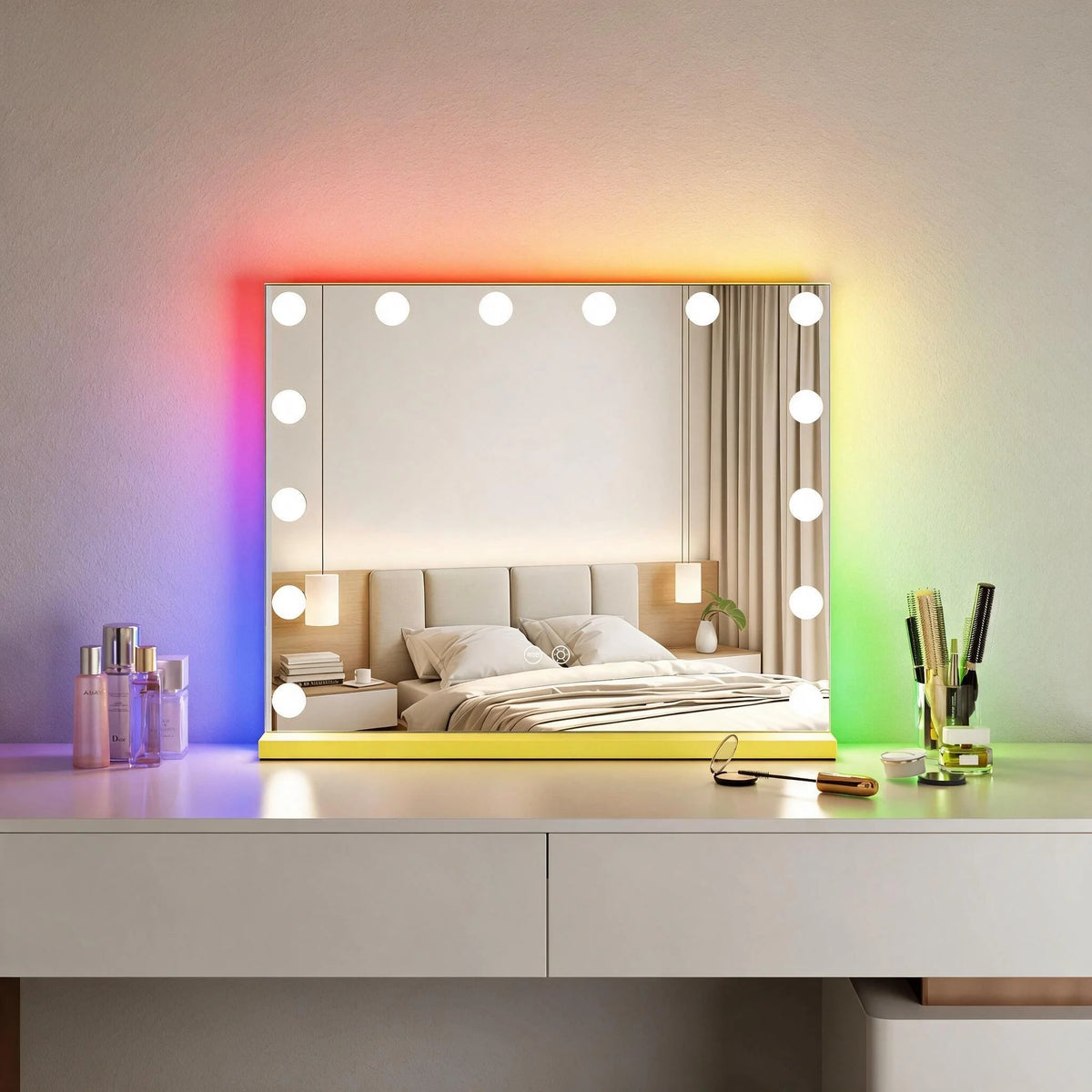 Wholesale Large 58x46cm Smart LED Display Illuminated Square Tabletop Custom Glass Metal Personalized Cosmetic Vanity Mirror MegaBDM