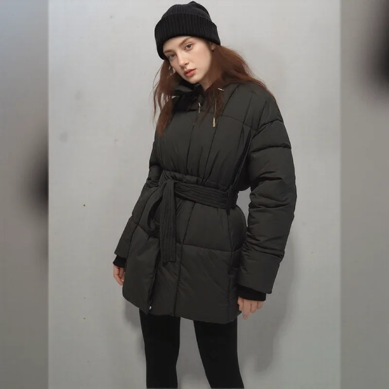 Cozy Belted Waist Stand Collar Down Jacket for Winter Warmth Casual Daily Outwear