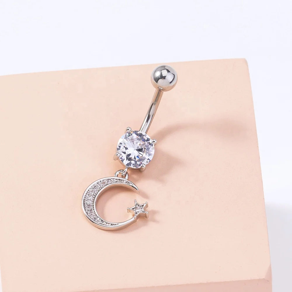 Wholesale Custom Fashion Body Piercing Jewelry Copper Zircon Belly Ring Navel Nail Moon Belly Button Ring For Women