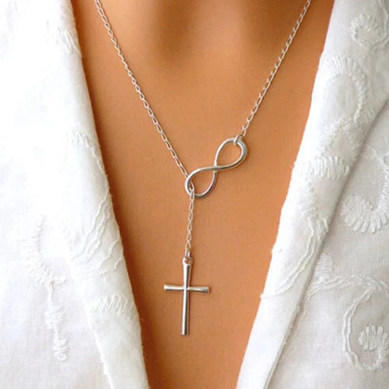 Hot Sale Silver Color Clavicle Chain Necklace Classic 8 Word Infinity Cross Pendant Necklace Silver Cross Necklace for Women Men