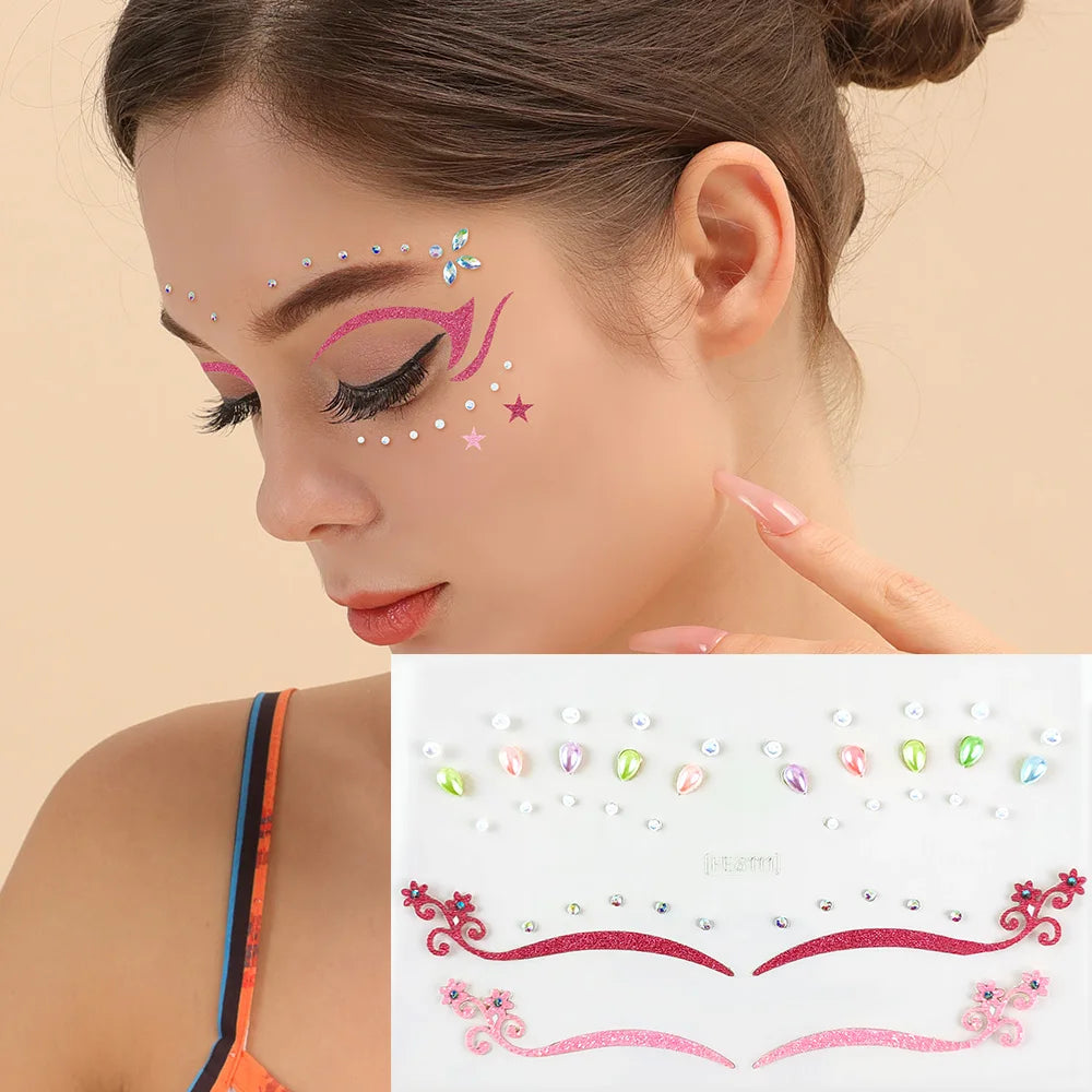 Custom OEM Cute Pink Girls Face Gem Tattoo Sticker Luxury Butterfly Eyeliner Rhinestones Temporary Beauty Waterproof Fake Tattoo