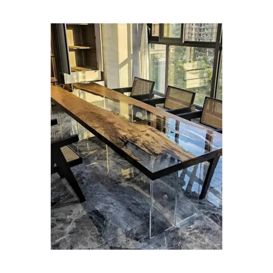 Modern Live Edge Dining Table Solid Wood with Epoxy Resin Custom Kitchen Cabinets River Design Elegant Dining Furniture