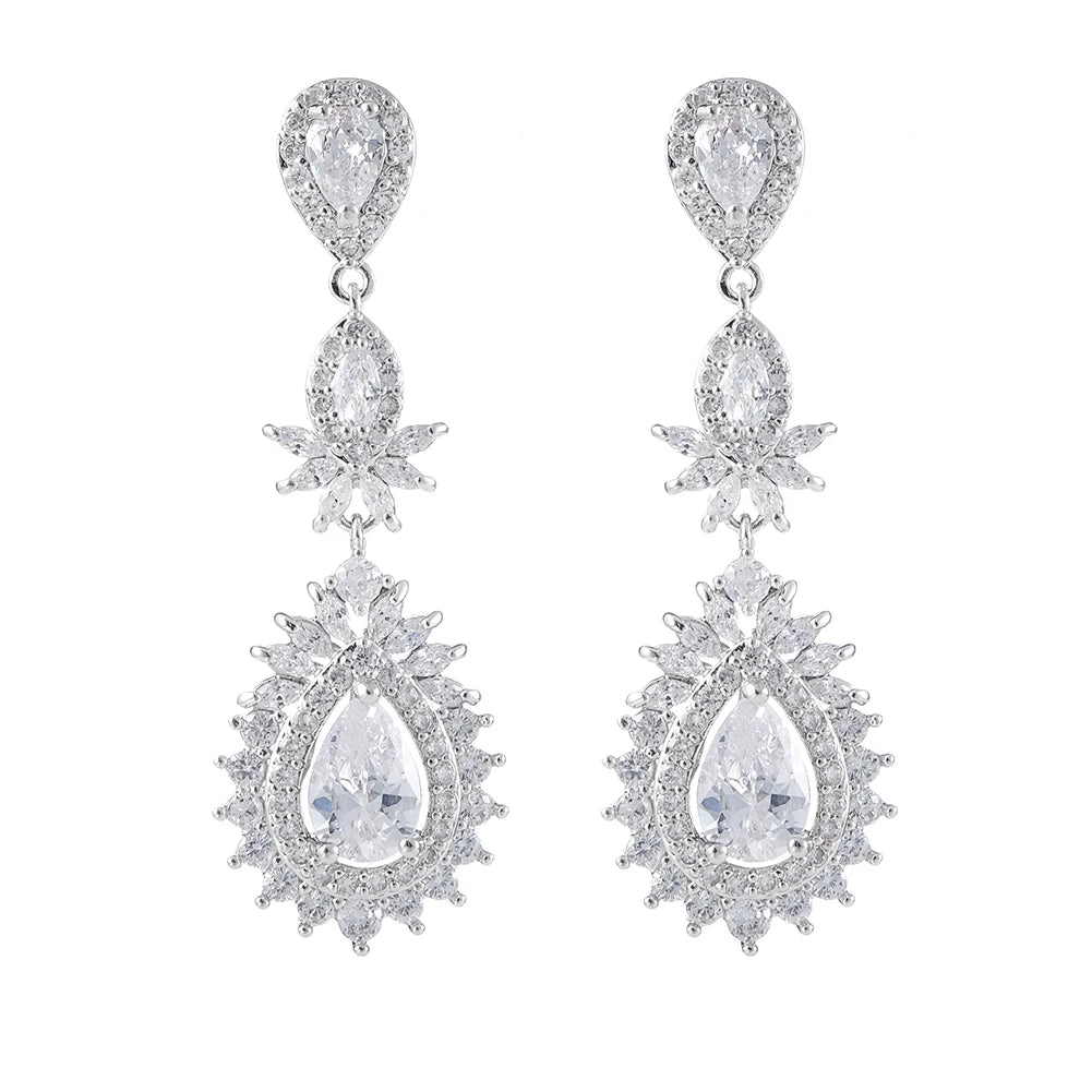 Wedding Bridal Fashion Designer Jewelry Luxury Zircon Silver Plated Statement Drop Earrings for Women
