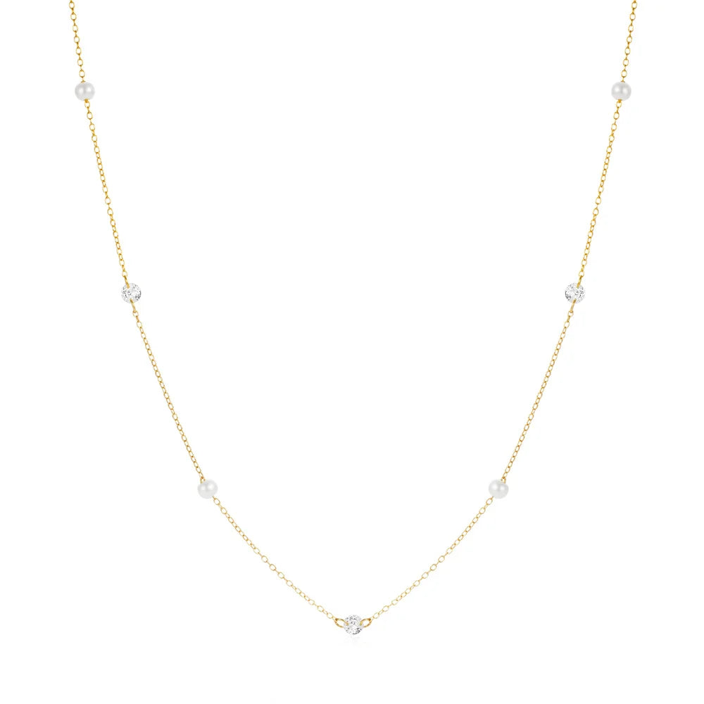 Fashion Jewelry Necklace 925 Sterling Silver Zircon Charm Necklace Round Pearl Gold Plated Necklace Women